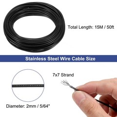 5/64″ (2mm) 50ft (15M) Stainless Steel Cable Wire Rope 7×7 Strands Vinyl Coated