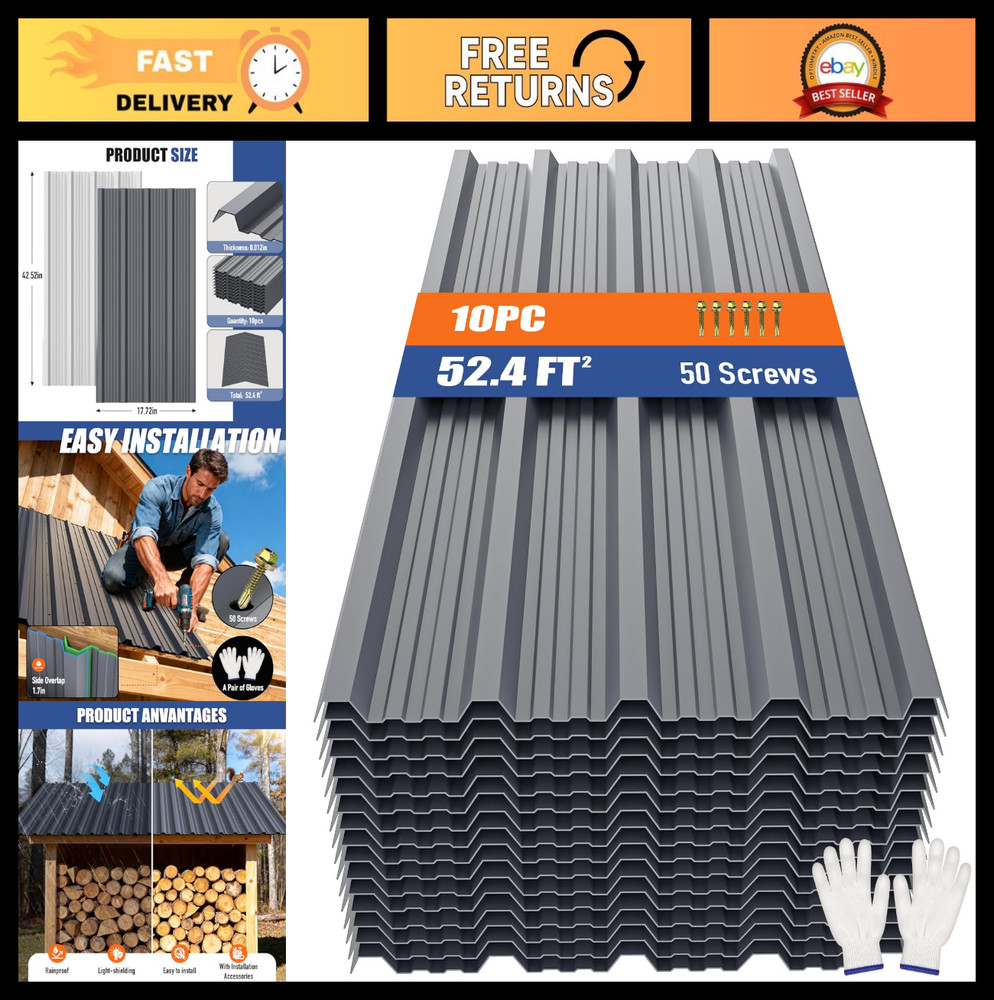 10pcs Metal Roofing Panels 52.4 ft² Grey Corrugated Steel, Heavy Duty for Sheds,