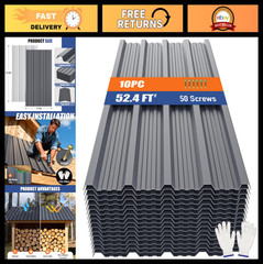10pcs Metal Roofing Panels 52.4 ft² Grey Corrugated Steel, Heavy Duty for Sheds,
