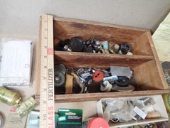 vintage wood box with lots of hardware & repair parts nuts bolts odds & ends