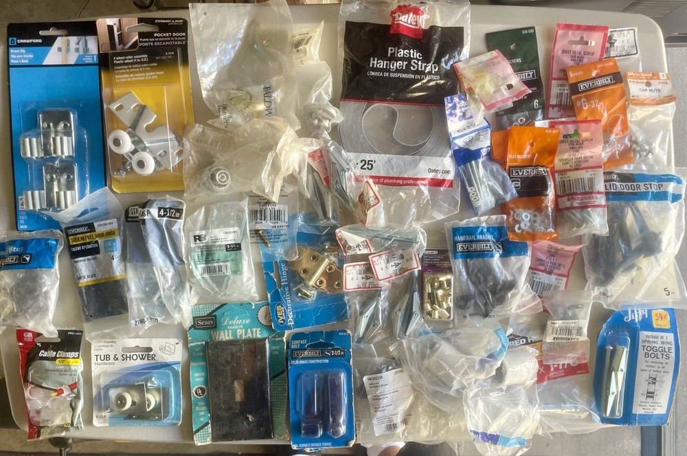 Large Assorted Hardware Lot NOS Hinges Anchors Fasteners Brackets Door Parts