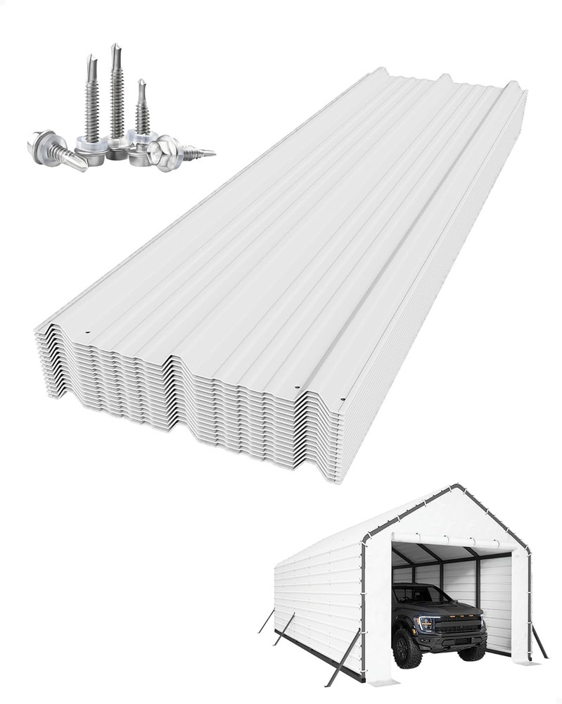 White Ribbed Metal Roofing Panels, 16 Pcs, 29 Ga Galvanized Steel, 140 Ft²