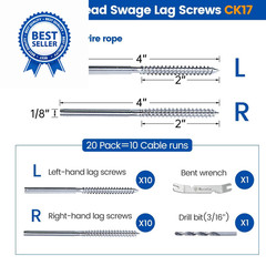Muzata 20 Pack 1/8″ Cable Railing Hardware Kit Swage Lag Screws 1/8″, Silver