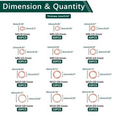 350 PCS, Premium M5, M6, M8, M10, M12, M14, Copper Washers – Metric – 350 Pcs