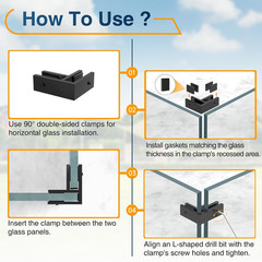 1 Pack Black 90 Degree Railing Glass to Glass Clamp No Drilled Required, T304 Ra