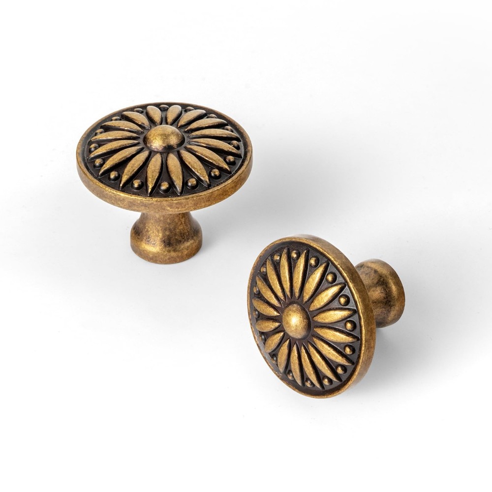 Vintage Antique Brass Sunburst Cabinet Knobs Drawer Pulls Hardware Set 6 Pk