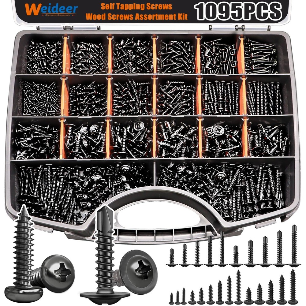 weideer 1095pcs Self Tapping Screws for Metal, Truss Head and Pan Head, Black