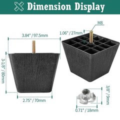 Masendelk M8-1.25 Metric Thread Bolts Plastic Furniture Legs 3 Inch Black