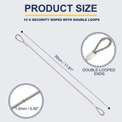 10 Pcs Dia. 1.5mm 12″ Long Stainless Security Ropes with Double Loops, Silver