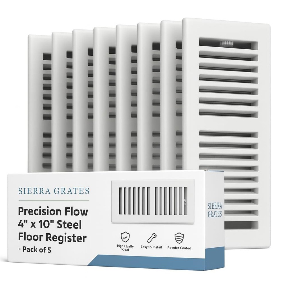 4″ x 10″ White Floor Register 2 Way – Stamped Face Steel Vent Cover, HVAC