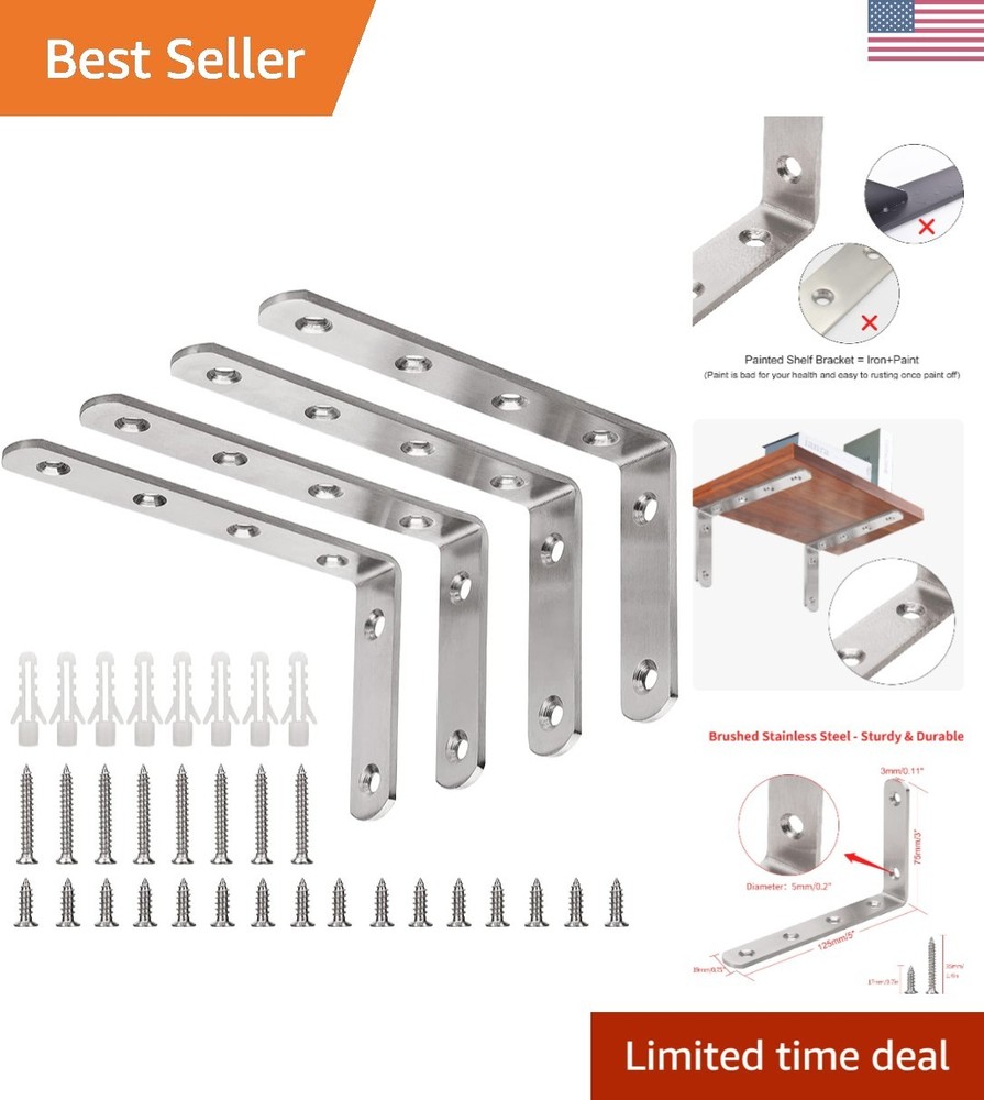 Heavy Duty Corner Bracket, 5″ x 3″ Stainless Steel, 35lb Capacity – 4 Brackets