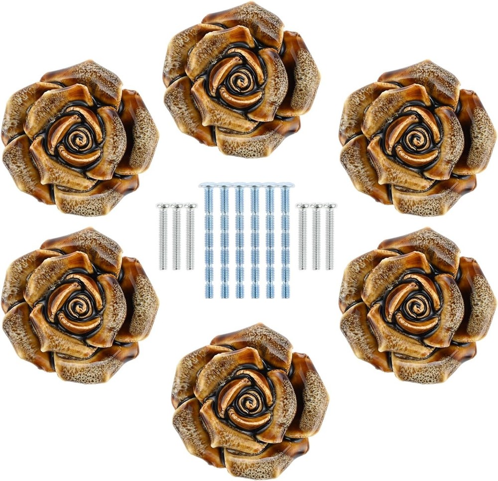 Yetaha 6 Pack Retro Rose Dresser Knobs, Vintage Floral Drawer Pulls, White