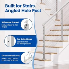 Stair Cable Railing Post – 42″x2″x2° Angle, Brushed Stainless Steel System Kit