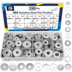 ZQZ 290Pcs Flat Washers, 304 Stainless Steel 15 Sizes 290 Pieces, Silver