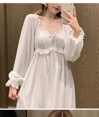 Womens Vintage Cotton Nightgown Long Sleeve Night Dress Loose White Nightdress
