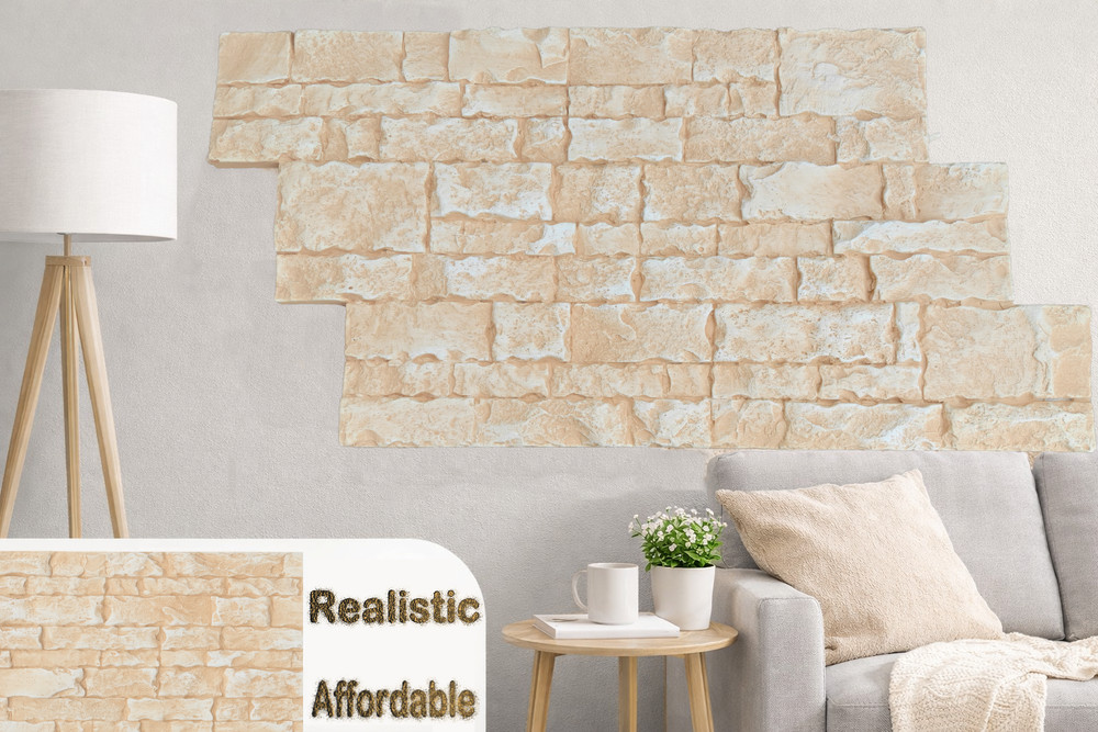 3D Faux Stone Wall Panels, 24×48″ PU Stacked Rock Siding, Waterproof Panel