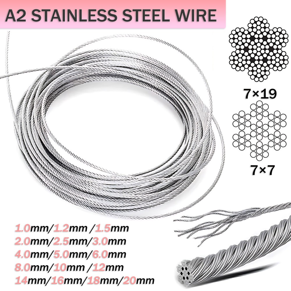 A2 Stainless Steel Wire Rope Cable Flexible 0.3mm-20mm 7×7/7×19 Balustrade Fence