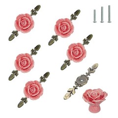 YMAISS 6 Sets of Rose Ceramic Flower Cabinet Knobs with Bronze Back Pink