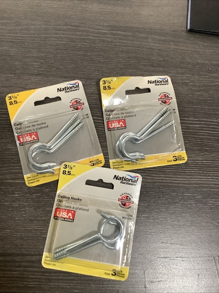 Lot Of 3 (3ct) National Hardware Zinc Plated Steel #6 Ceiling Hook 3-3/8 in. NOS