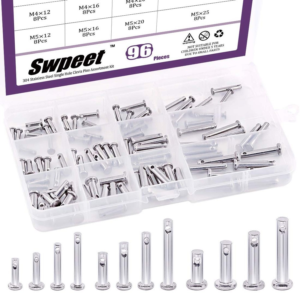 Swpeet 96Pcs Clevis Pin Assortment Kit, 304 Stainless Steel M3 M4 M5 Silver
