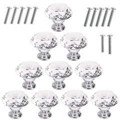 Akstore 10 Pcs Crystal Glass Cabinet Knobs 30mm Diamond Shape Clear-Silver
