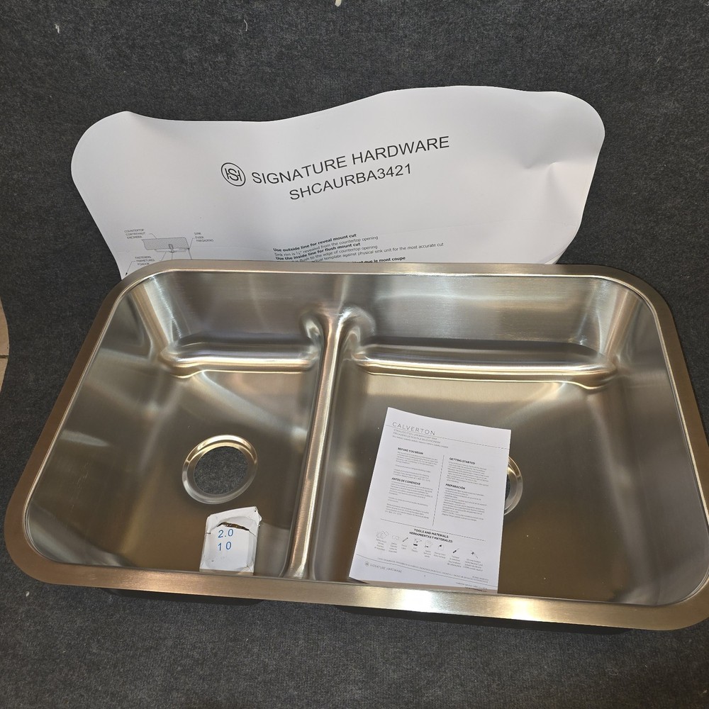 Signature Hardware 34″ Calverton Low Divide Double Bowl Stainless Steel Sink