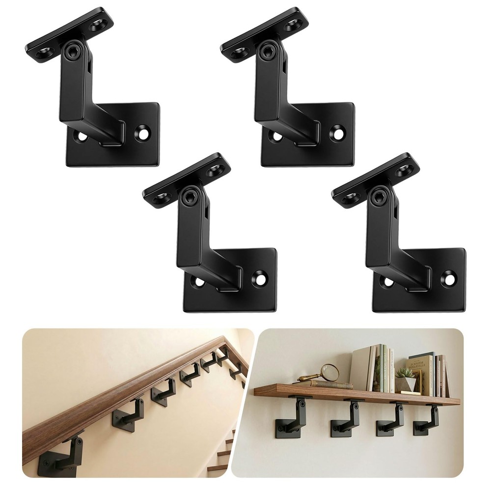 4 PCS Black Handrail Brackets Adjustable Staircase Wall Mounted Stair Railing