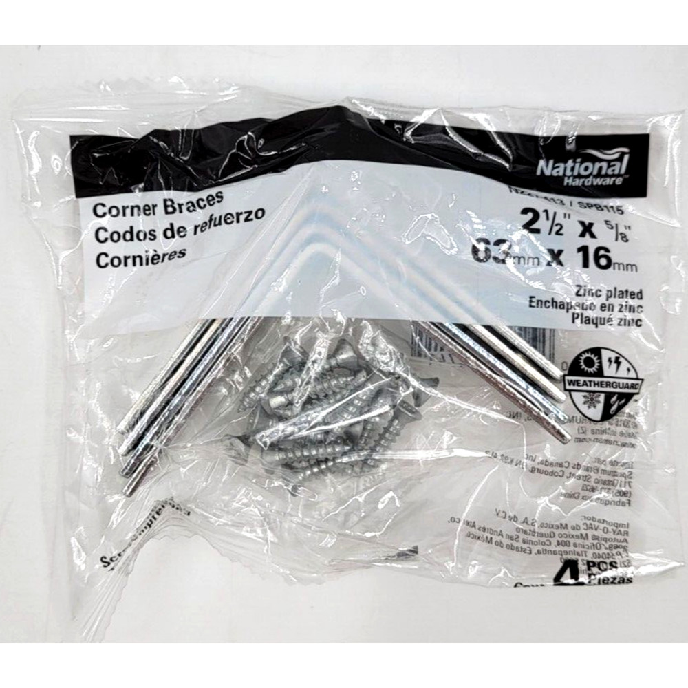 National Hardware Corner Braces & Screws 4-Pk 2.5″ Zinc Plated Steel N227-413