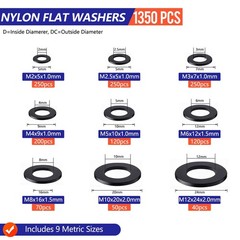 1350 Pcs Nylon M2, M2.5, M3, M4, M5, M6, M8, M10, M12, Washers-1350Pcs