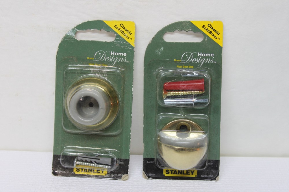 Lot of 2 Stanley Home Designs Solid Brass Door Stops – 1 Wall & 1 Floor Mount