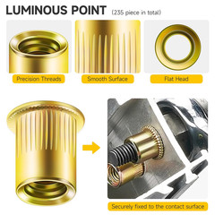 200Pcs #10-32 Rivet Nuts, Yellow-Zinc Carbon Steel Flat Head Knurled Body RIV Nu