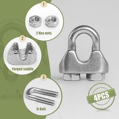 4pcs M3 Wire Rope Clamp, 1/8 inch Cable Clamps Stainless Steel Wire Rope Clips