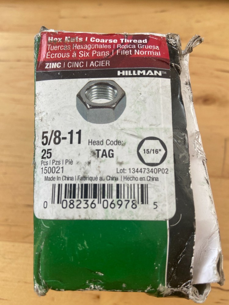 Lot of 25 – Hillman Hex Nut, Coarse Thread Zinc-Plated Steel, 5/8-11, 150021
