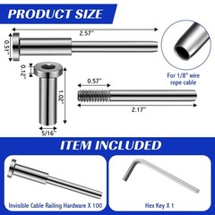 Blulu 100 Pack Invisible Cable Railing kit, T316 Stainless Steel 1/8″ Silver