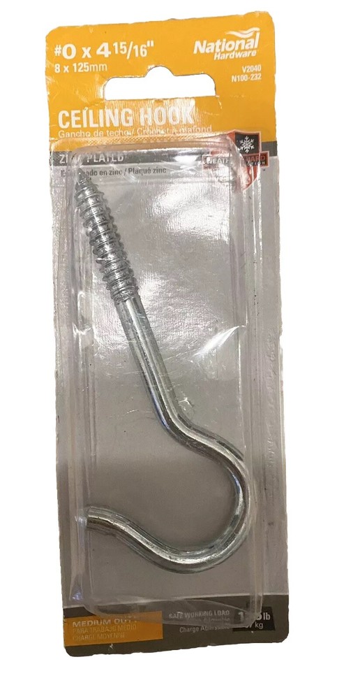 National Hardware #0 X 4-15/16” Zinc Plated Ceiling Hook, Med Duty, 125 Lbs Max