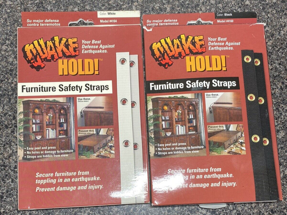 Lot 2 pkgs Quake-hold Furniture Safety Strap, Black & White