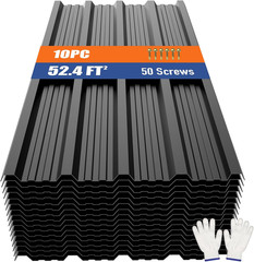 Metal Roofing Panels 10Pcs 52.4 Ft², Black Corrugated Galvanized Steel Roof Pane