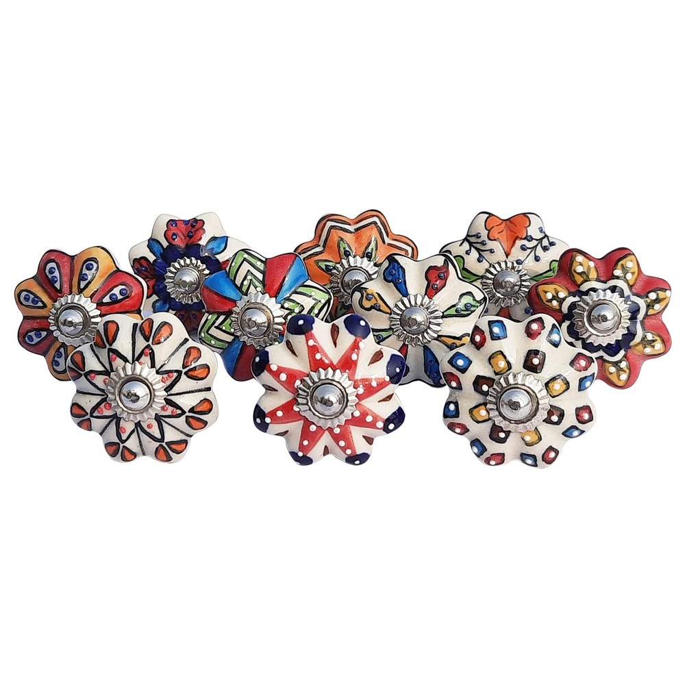 Royal Kraft Vintage Multicolor Hand Painted Ceramic Pull Set of 10, Sknob003