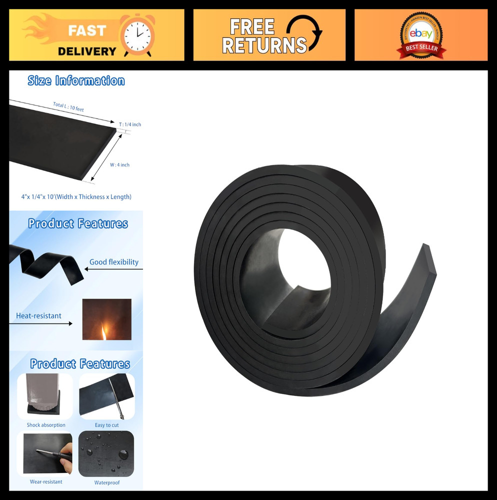 Solid Rubber Strip 1/4″ Thick x 4″ Wide x 10′ Long – Anti-Slip, Vibration, DIY C