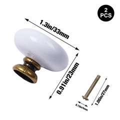 JAKOUE 2Pcs 1.3 inch Round Ceramic Cabinet 2 Pieces, Antique Brass, White
