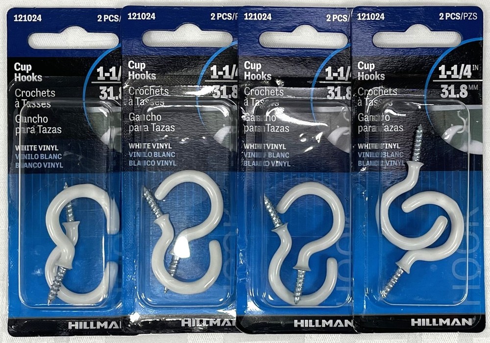 four 2 packs HILLMAN Cup Hook, White Vinyl, 1.25″ in -121024 LOT OF 8 hooks