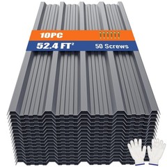 10pcs Metal Roofing Panels 52.4 ft² Grey Corrugated Steel, Heavy Duty for Sheds,