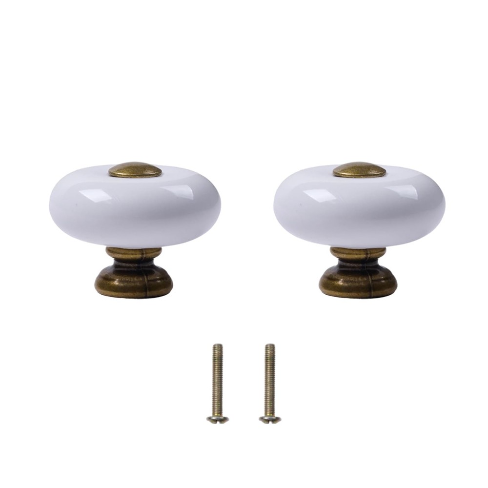 JAKOUE 2Pcs 1.3 inch Round Ceramic Cabinet 2 Pieces, Antique Brass, White