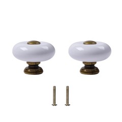 JAKOUE 2Pcs 1.3 inch Round Ceramic Cabinet 2 Pieces, Antique Brass, White