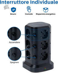 KOOSLA Black Vertical Tower Electric Slipper Power Outlet 12 USB Sockets 2M