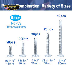 ZUSHALLMY 140 Pcs #8 Self Tapping Screws for 1/2″,3/4″,1″,1-1/4″,2″, Silver