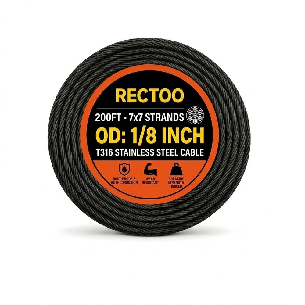 RECTOO 1/8 Stainless Steel Cable, Black 200FT T316 Marine 200 Feet,