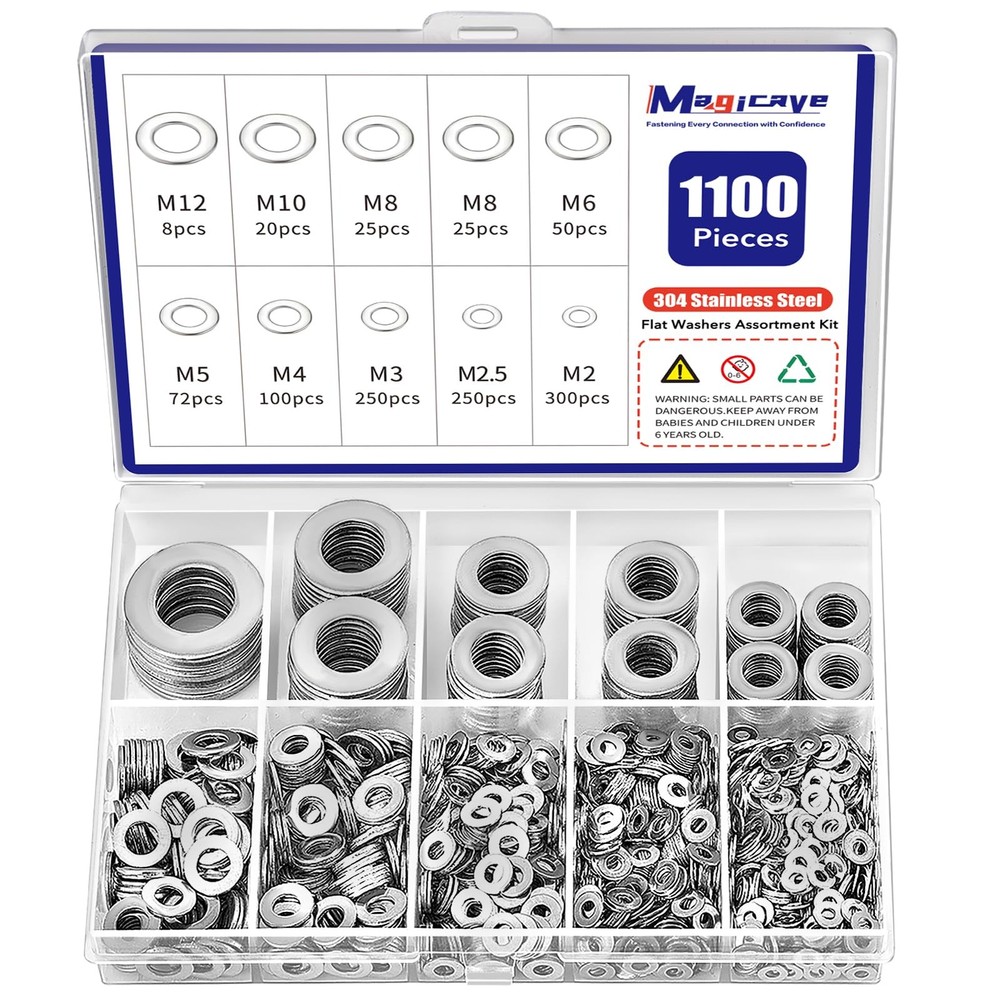 1100 Pcs Flat Washers M2 M2.5 M3 M4 M5 M6 M8 M10 M12, Washers-1100Pcs