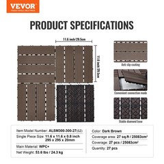 Interlocking Deck Tiles Plastic Wood, 27 Pack,12″x12″ 27 sq. ft Waterproof Outdo