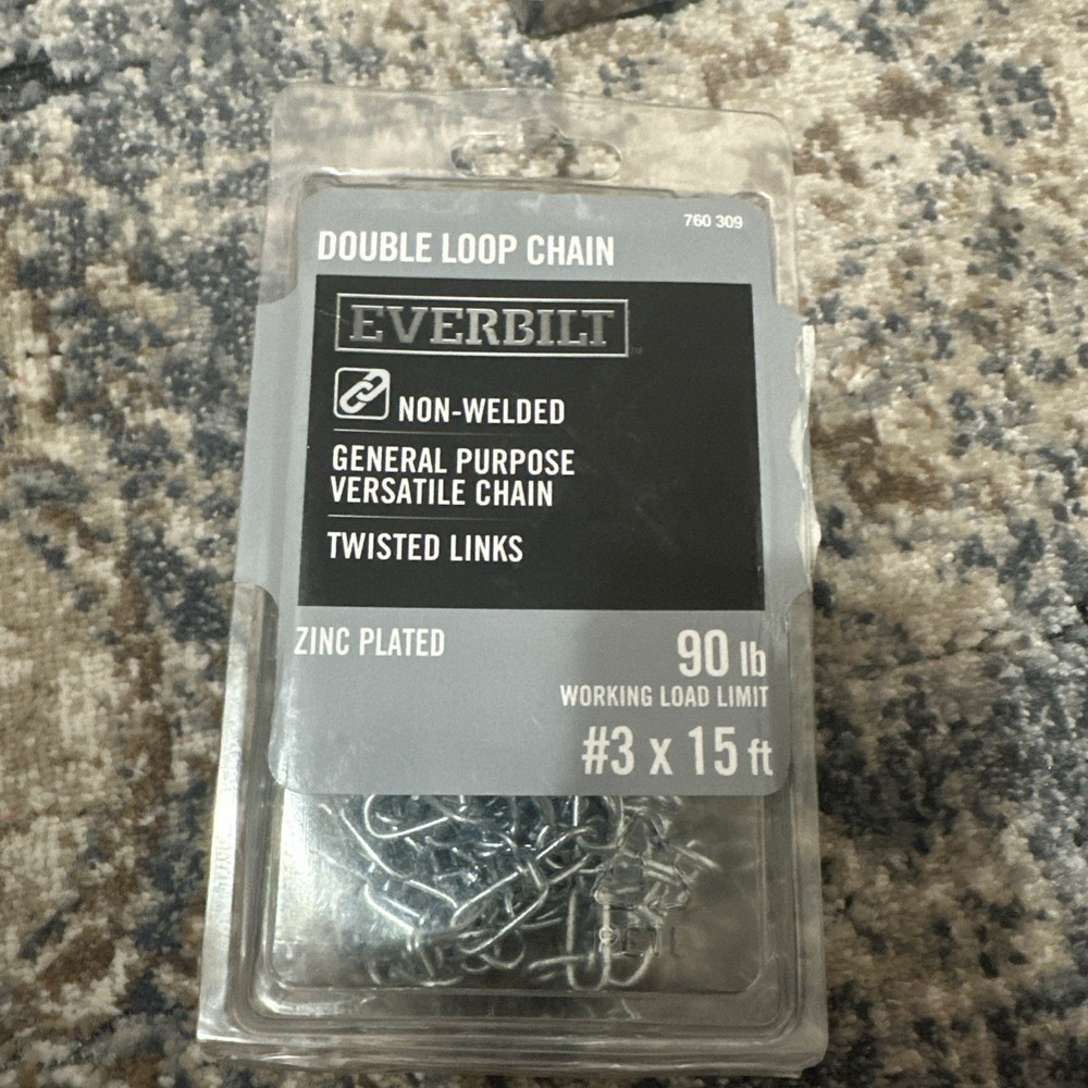 Everbilt 803072 Double Loop Chain #3 x 15 ft. 90 lb. Capacity, Zinc Plated NEW.